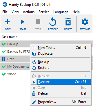 Ejecución manual de una tarea de backup