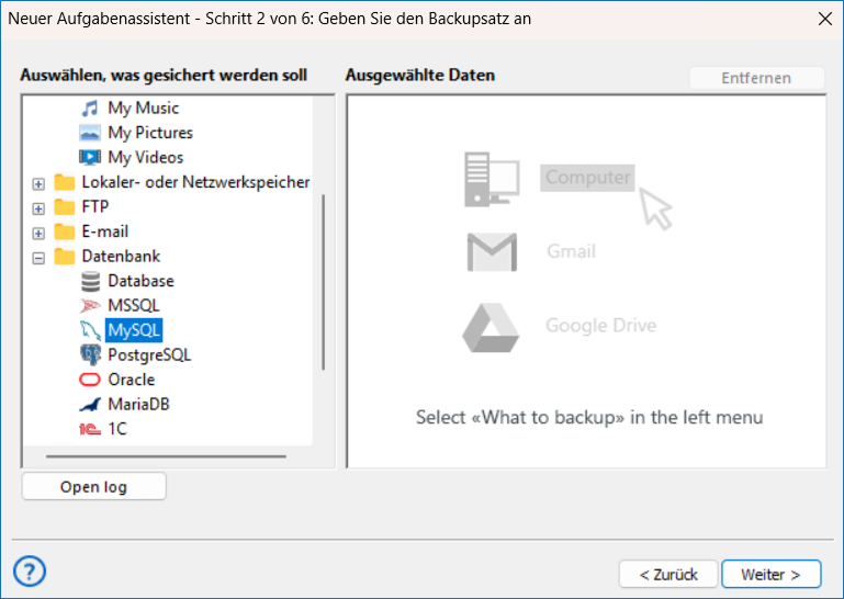 Schritt 2: MySQL-Datenbank in Handy Backup auswählen
