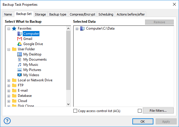 Seleccione los objetos que desea añadir a la lista de copia de seguridad