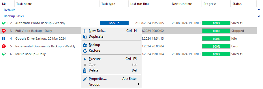 Menú contextual en el panel Vista de tareas