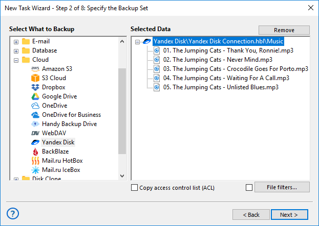 Copia de seguridad Yandex.Disk: seleccionar datos para copia de seguridad