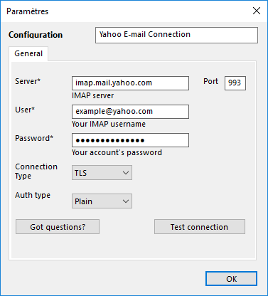 Paramètres de connexion Yahoo! IMAP